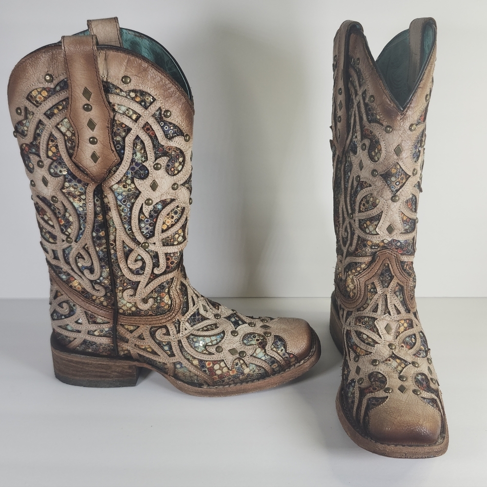 Corral Tan Leather Multicolor Inlay Studs Square Toe Cowboy Boots S 6M  NWOB